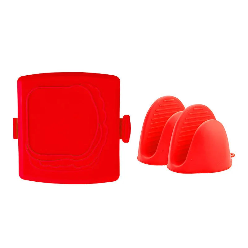 Red silicone baking tray with anti-scald protection and included gloves