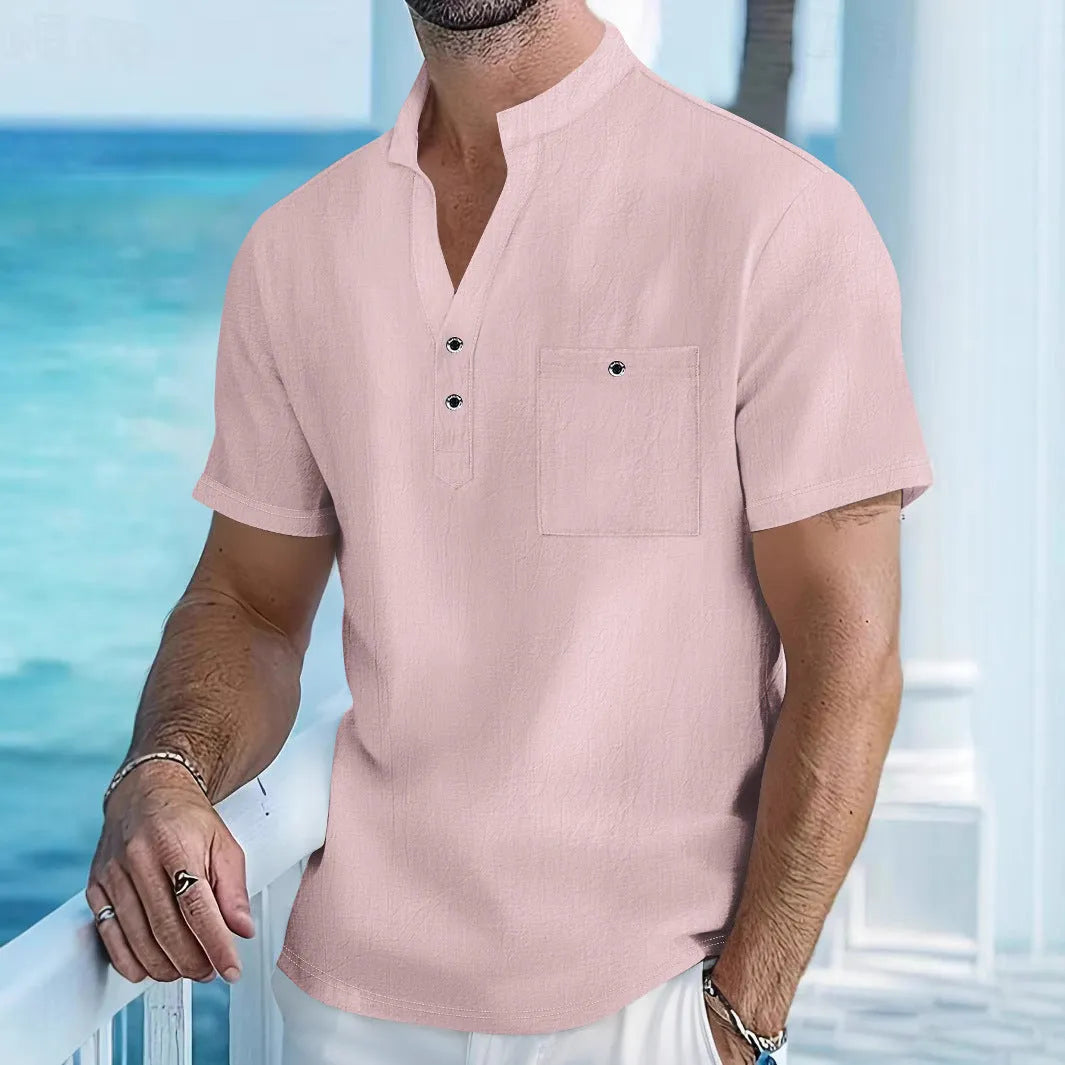 Men's linen stand collar t-shirt in light blue colour with short sleeves and loose fit