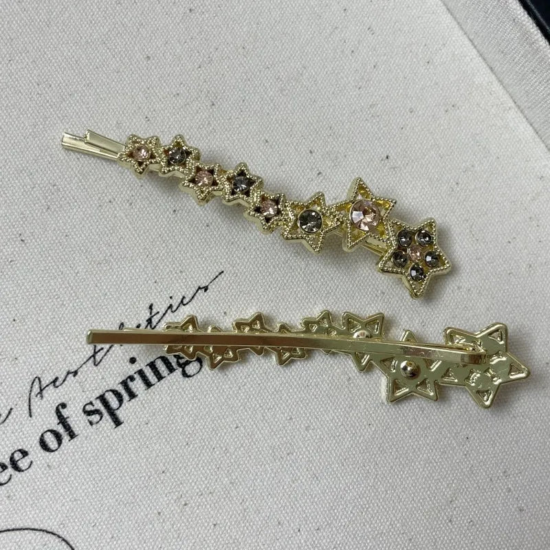 Gold alloy rhinestone barrette clip with five-pointed star and single word design for side bangs