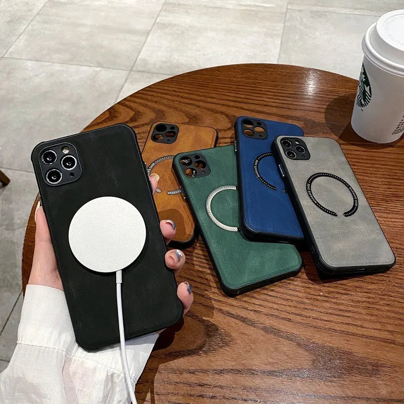 Black imitation leather magnetic charging phone case for iPhone showing back cover with magnetic ring