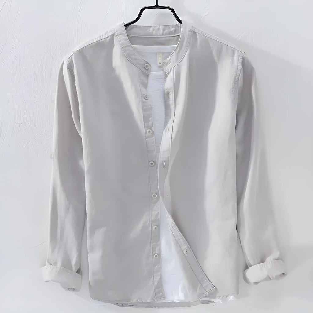Men's loose fit long sleeve linen cotton shirt in solid colours: dark blue, light blue, khaki, grey, white