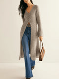 Khaki viscose acrylic blend button-front long sleeve cardigan for women, classic cardigan model