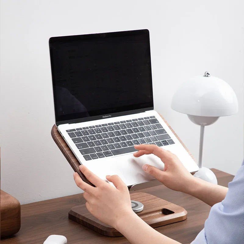 Black walnut solid wood adjustable rotating reading rack holding an iPad on a desk