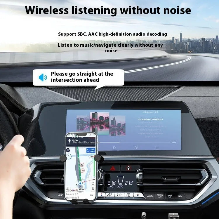 NAI model USB car Bluetooth audio receiver with black PU quilted cable, zinc alloy USB plug, and copper 3.5mm jack.
