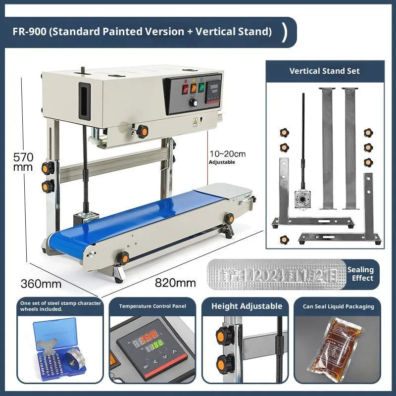FR-900 vertical automatic continuous sealing machine with compact bench-top body and entry paint style finish