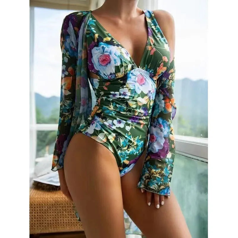 Women's floral pattern three-piece bikini swimsuit with matching coat in multiple colours