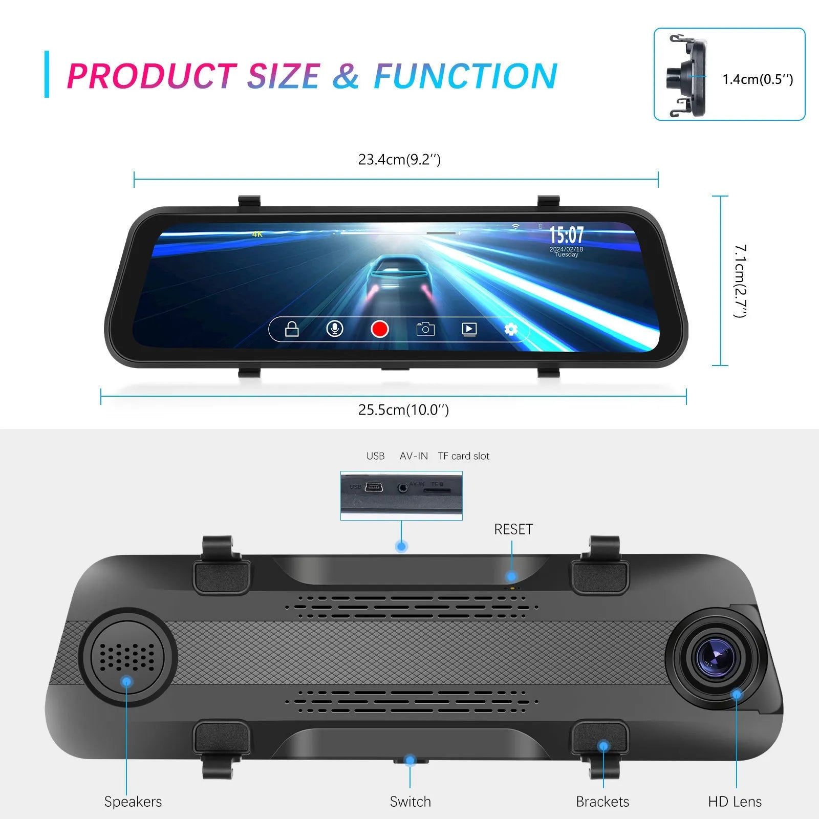 Streaming media rearview mirror dash cam with 9.66 inch touch screen front 4K rear 1080p dual cameras