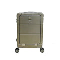 20-inch front opening suitcase in black showing separate dry and wet compartments with universal wheels