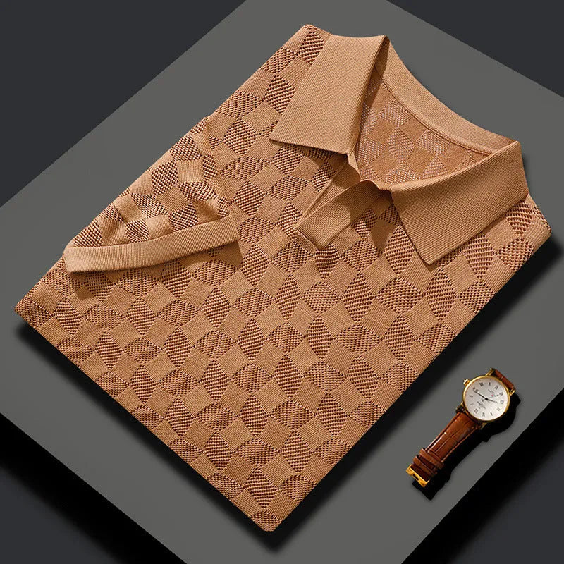 Men's short sleeve business casual lapels sweater in mulberry silk with jacquard texture