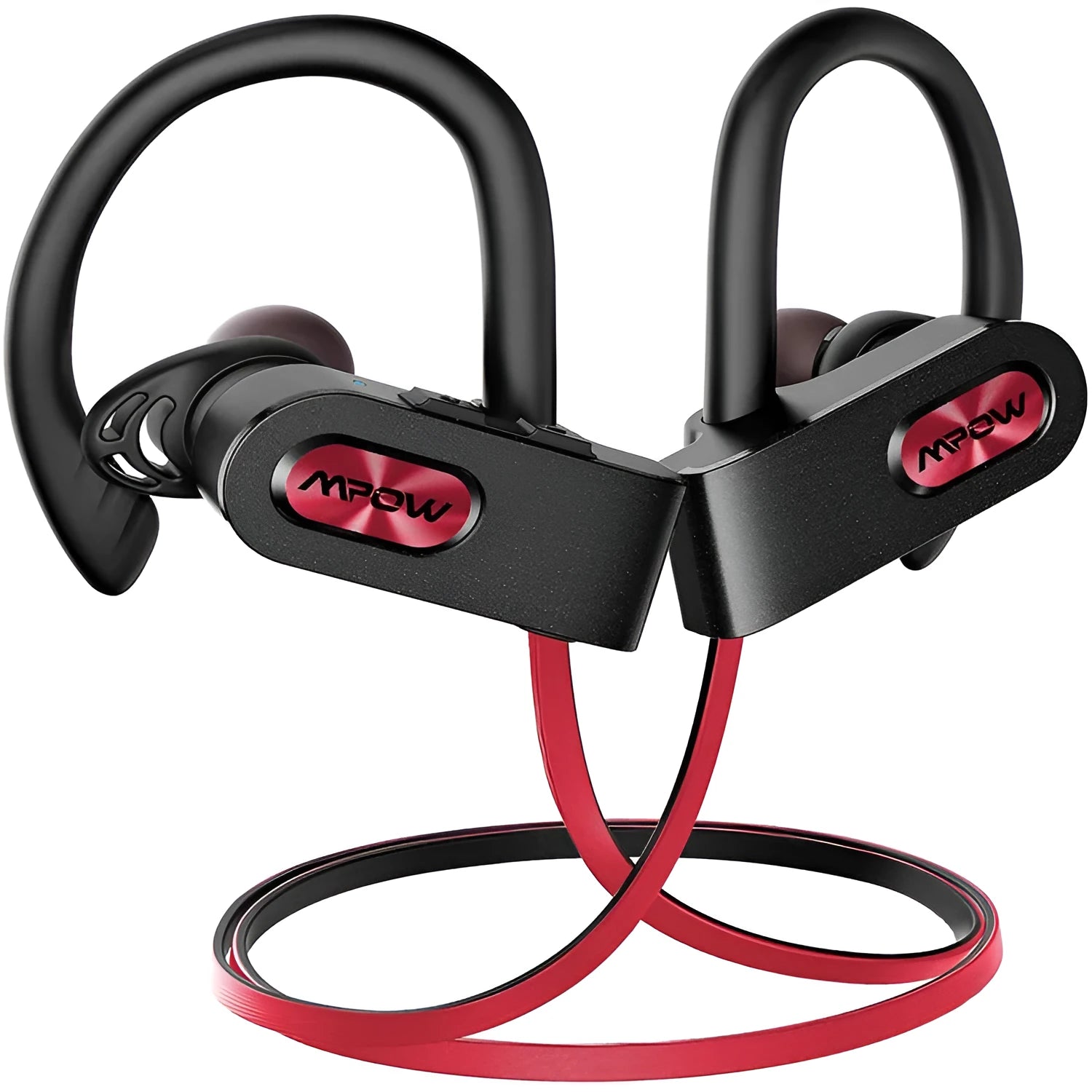Red hanging ear Bluetooth headset resting on ear with wireless design