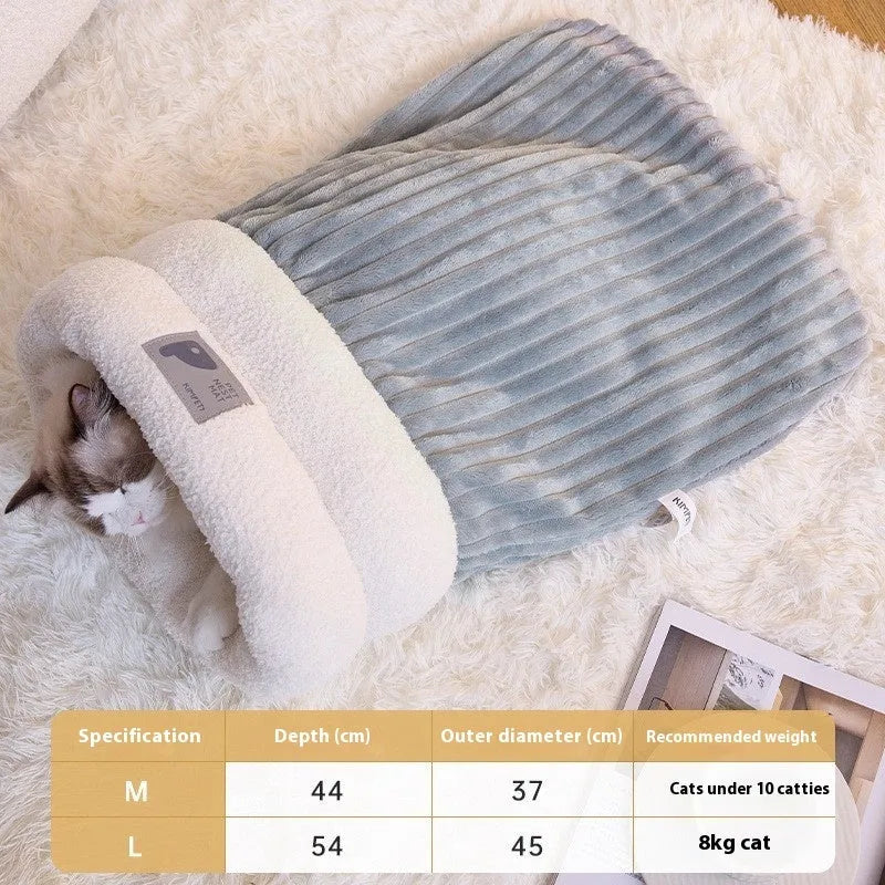Soft plush semi-enclosed cat sleeping bag in brown with three-layer thickened design for winter warmth
