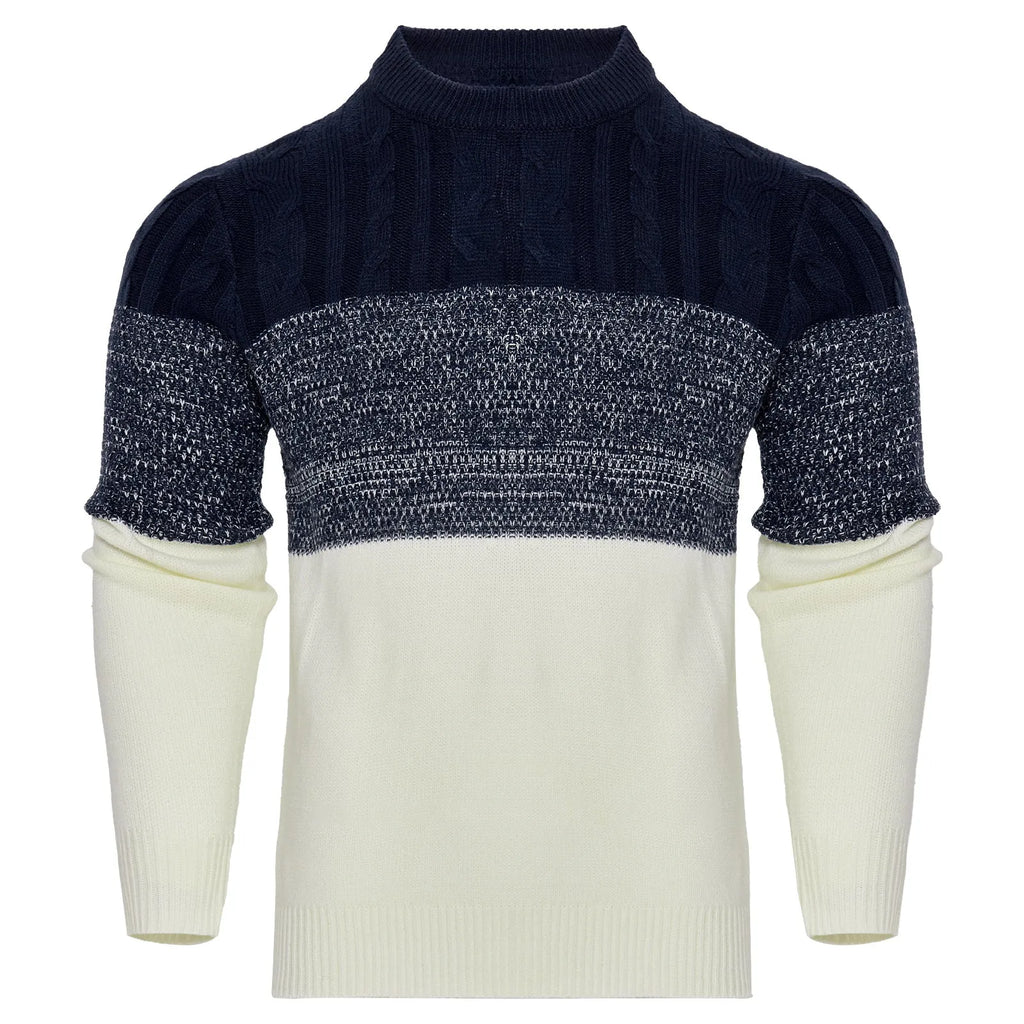 Men's grey knitted long-sleeve pullover sweater for winter, shown on a model.