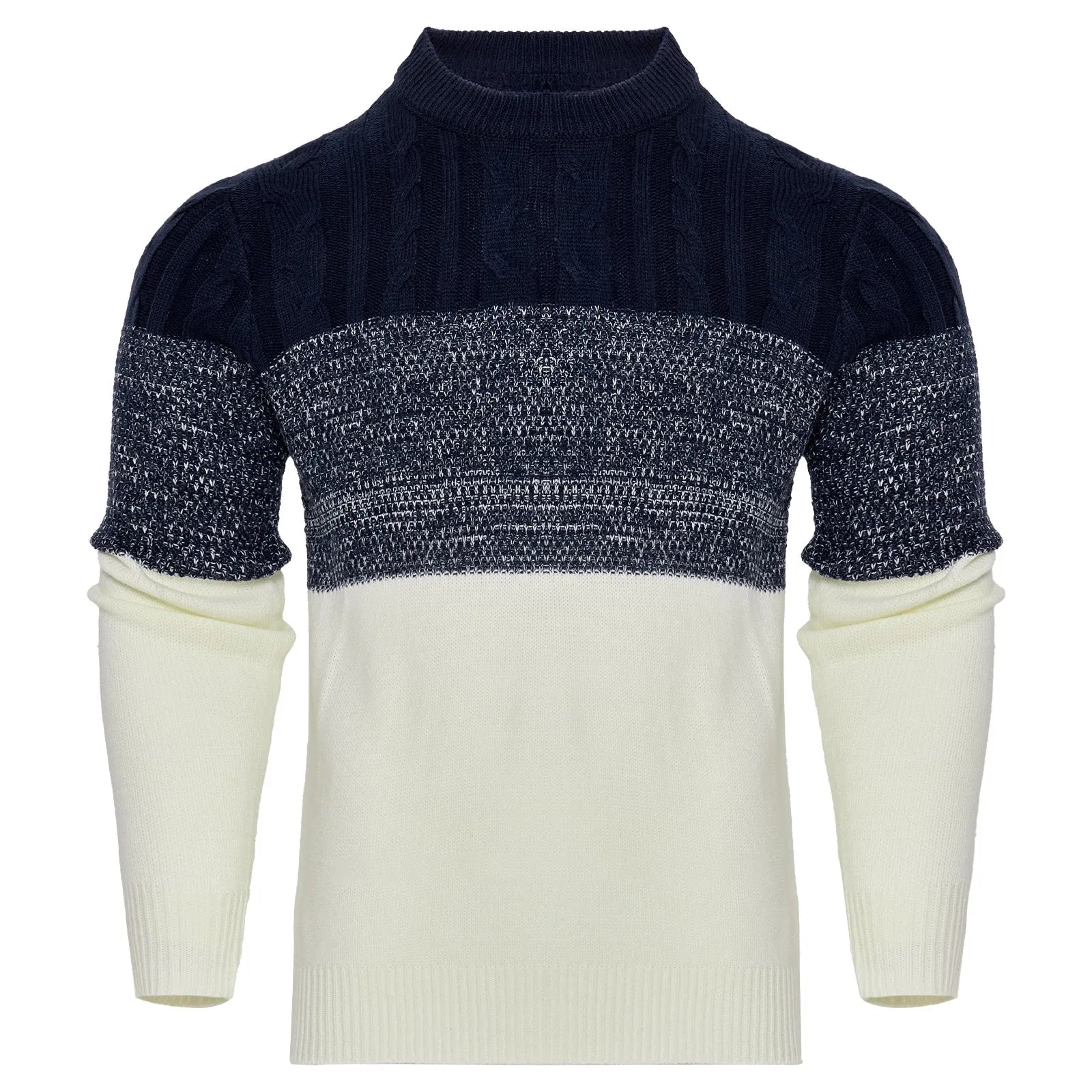 Men's grey knitted long-sleeve pullover sweater for winter, shown on a model.
