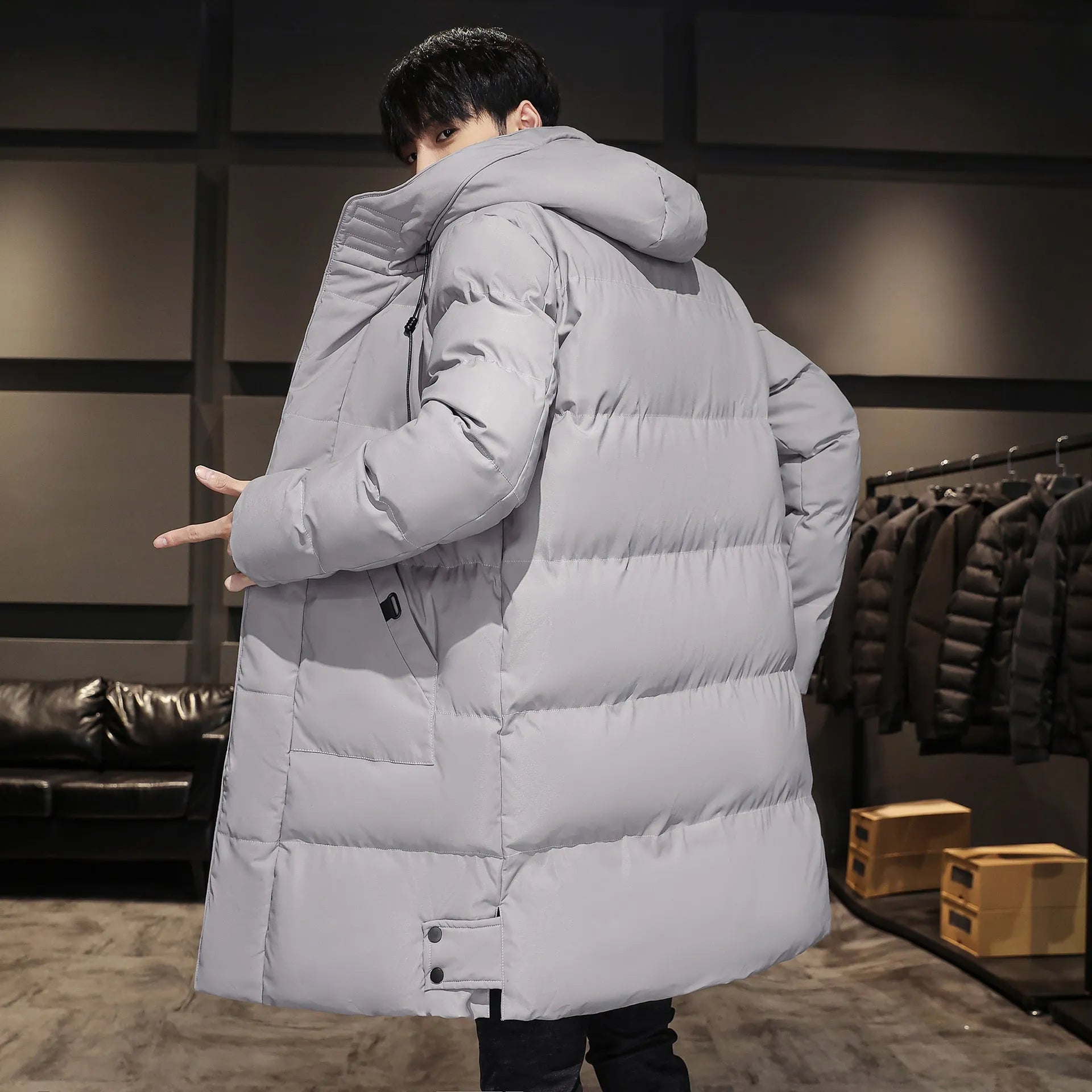 Plus size men's winter hooded cardigan coat in Army Green with patch pockets and straight hem