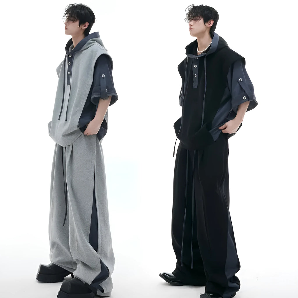 Men's black heavy industry sports leisure suit with hooded three-dimensional stitching short sleeve jacket and matching trousers