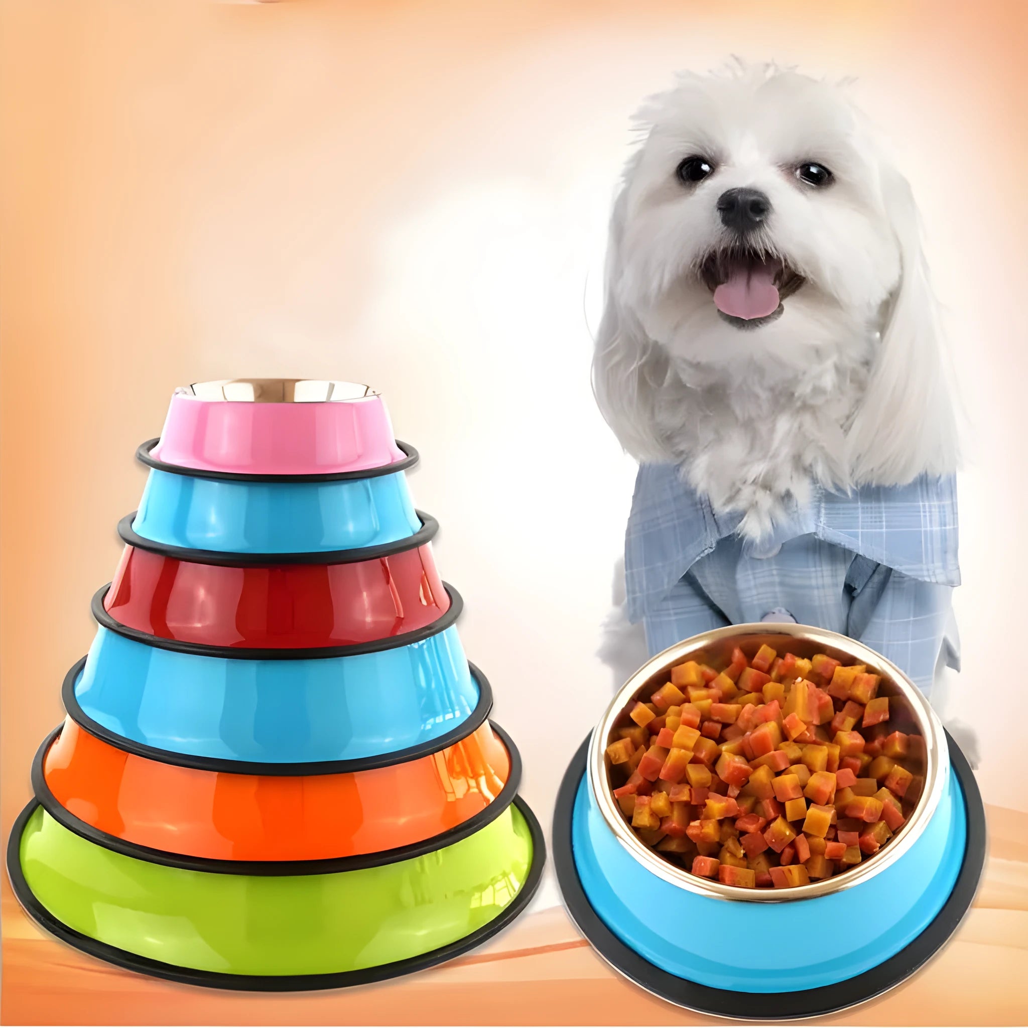 Stainless steel pet bowl inside a colourful melamine pot with a non-slip rubber ring base.