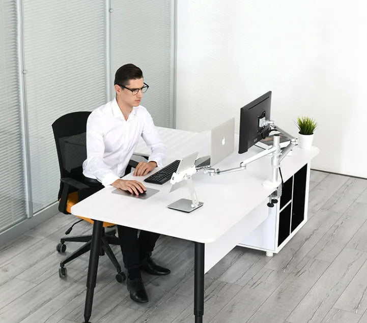 Silver folding aluminium phone and tablet stand with 360° rotation on wooden desk