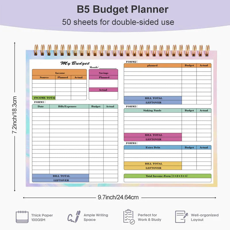 B5 spiral bound budget tally book with a PP cover, open on a table.