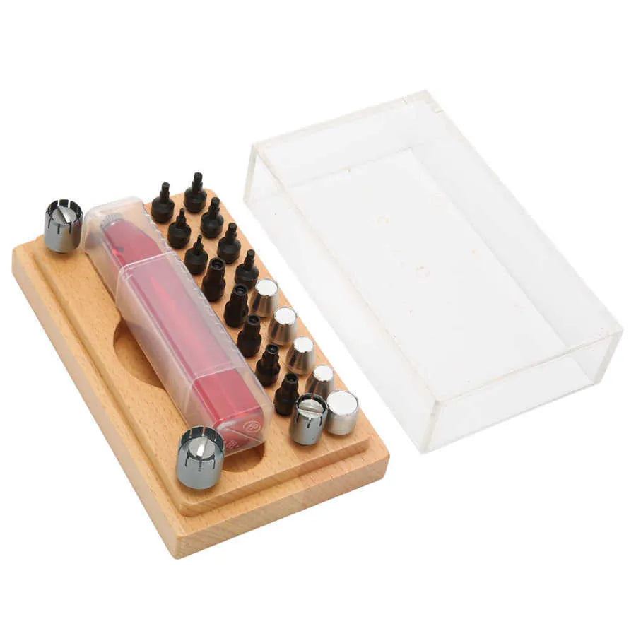 Open case showing steel watch repair tools including barrel opener, punch pliers, and 20 screwdriver bits.