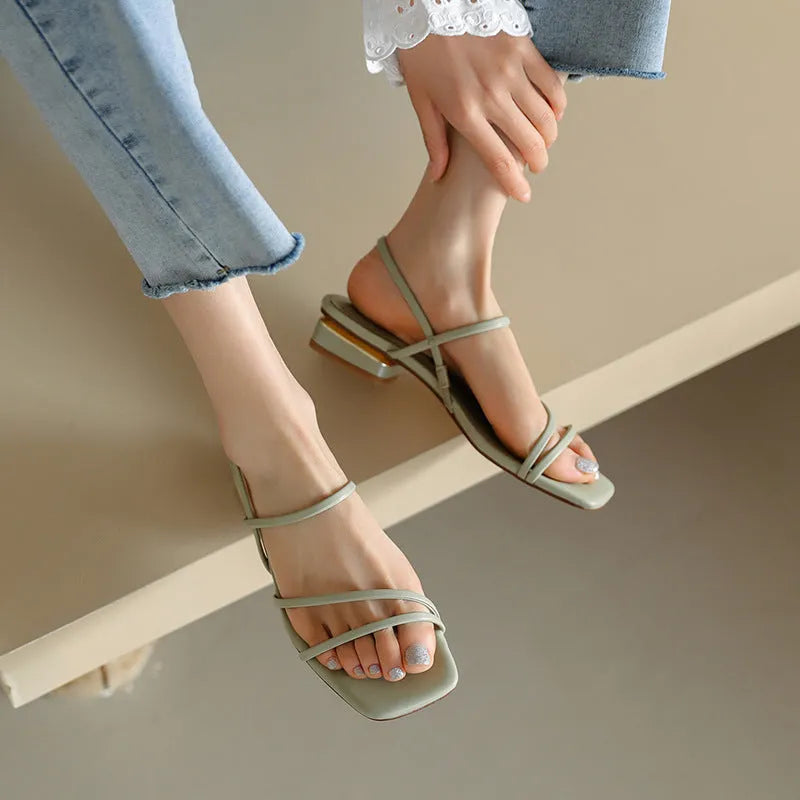 Flat strap open-toed Roman sandals women square head microfiber solid colour green