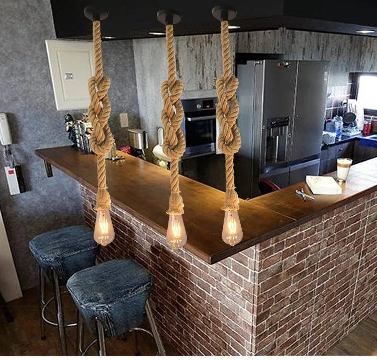 Hemp rope chandelier with grass vine body, single head, retro industrial style for bar restaurant loft