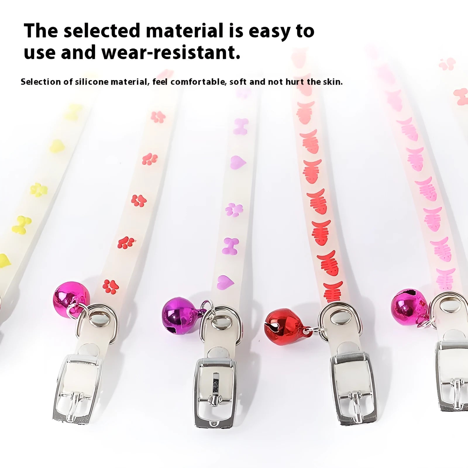 Meow Xinbao glow in the dark adjustable cat collar with metal bell on a silicone chain.