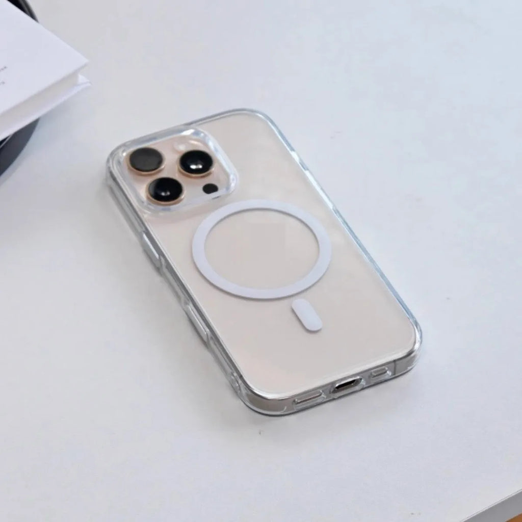 Transparent magnetic phone case with photo capacitor button for iPhone 16 series, back cover view