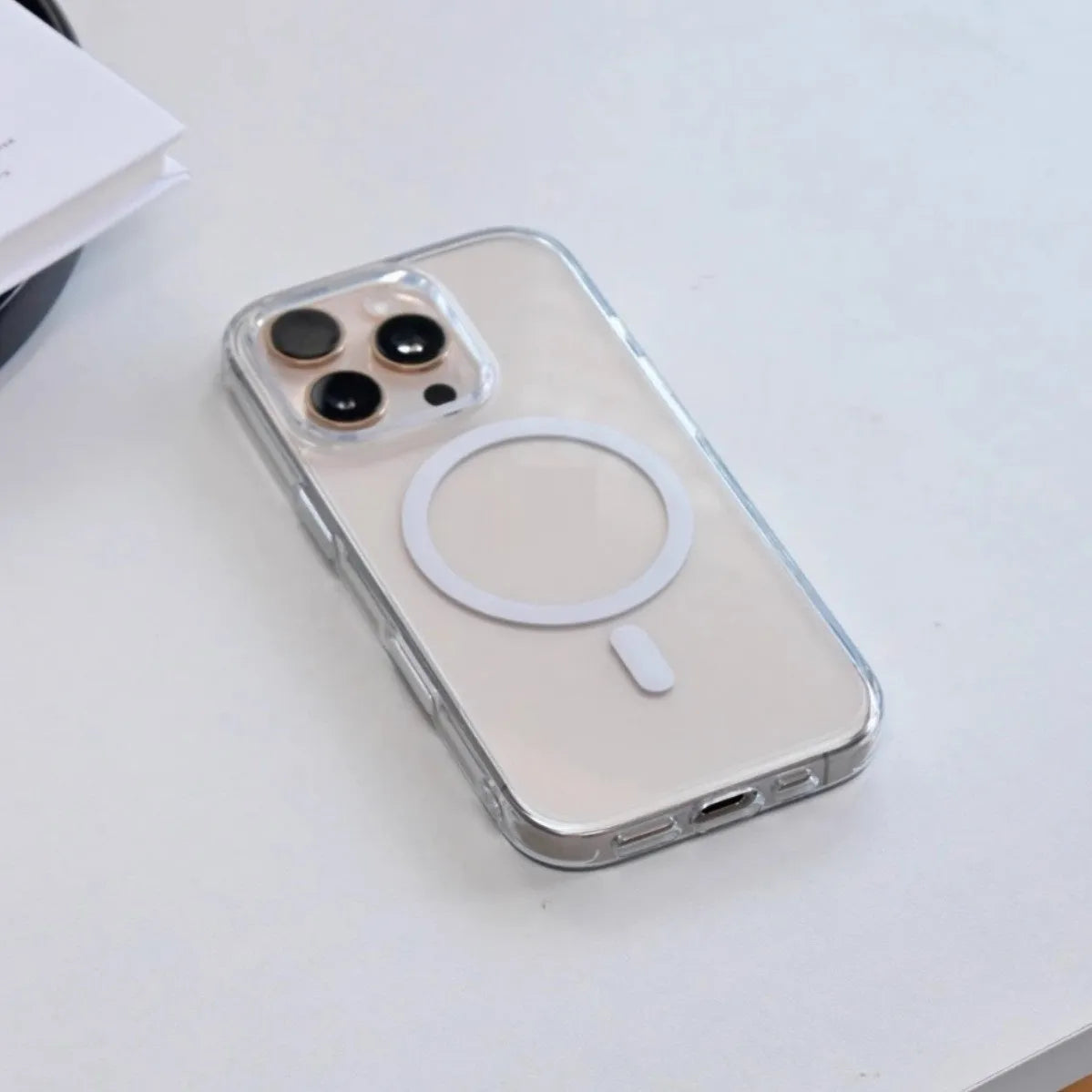 Transparent magnetic phone case with photo capacitor button for iPhone 16 series, back cover view