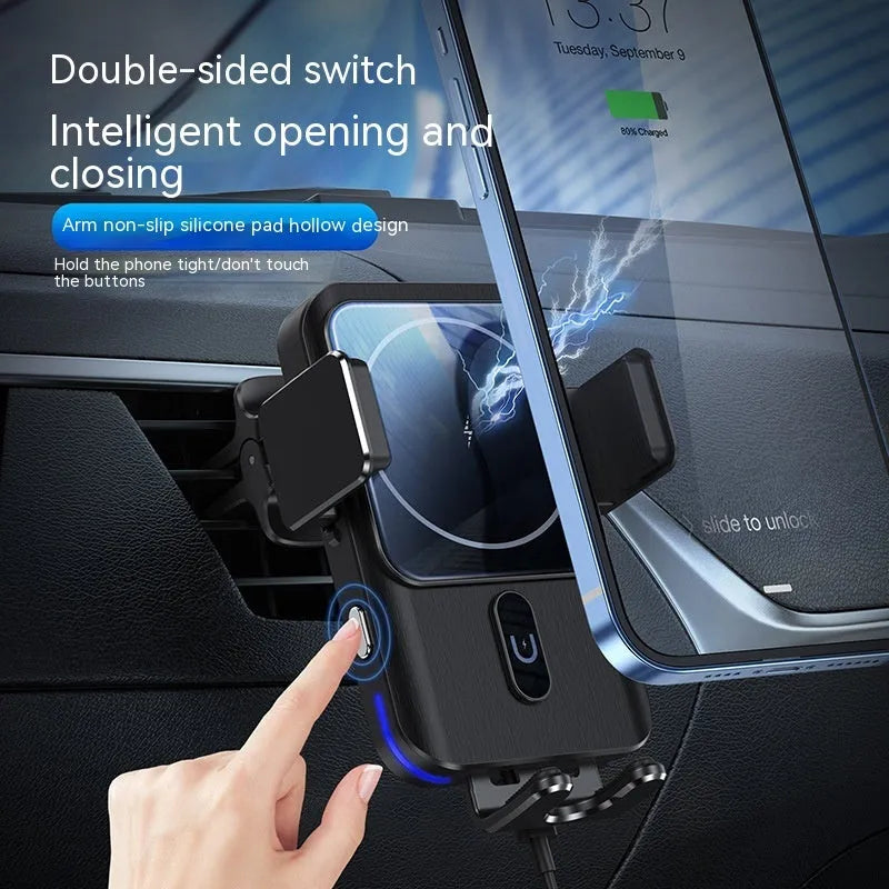 Black car wireless charging phone holder showing 15W charging with suction cup and clip mounting options