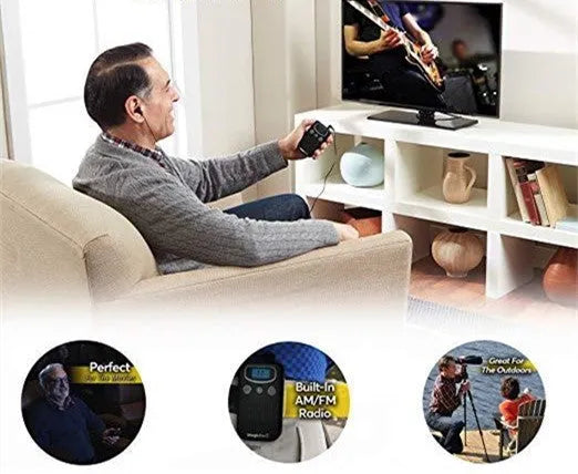 Digital display personal voice enhancer hearing aid booster in brilliant colour with handheld FM radio design