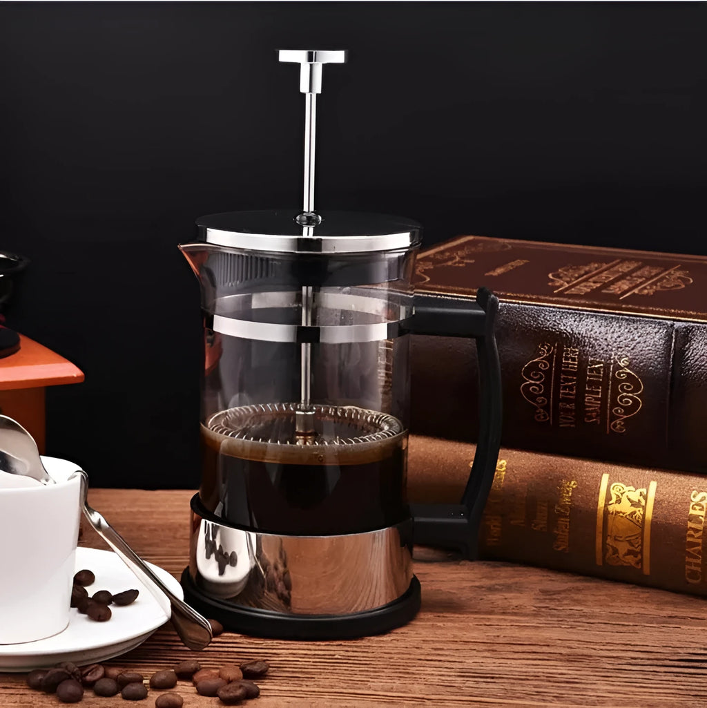 Glass manual pour-over coffee maker with stainless steel filter and separate glass flask, 350ml capacity.