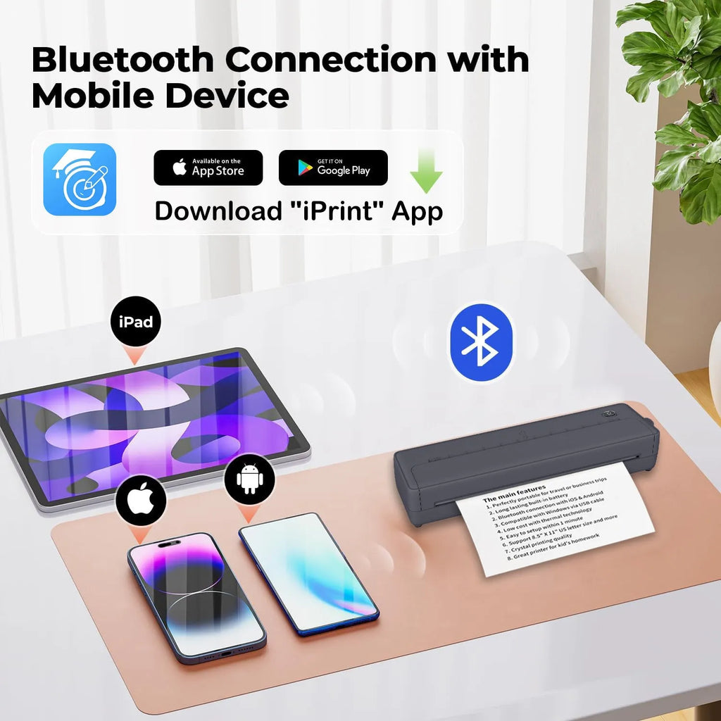 Black A4 portable Bluetooth printer with USB port measuring 28 x 7 x 5 cm