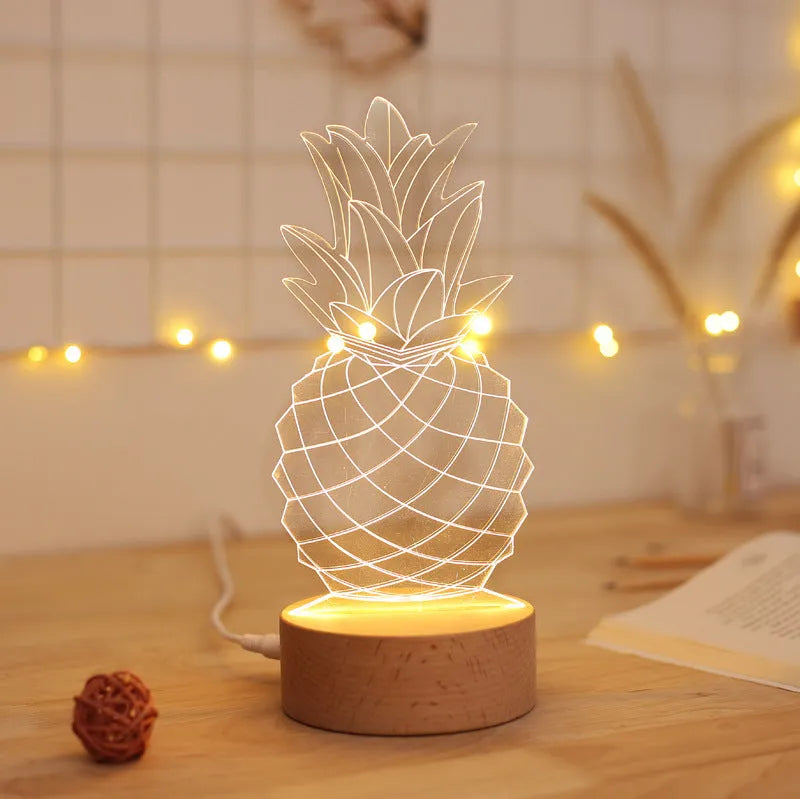 Wood and acrylic pineapple-shaped bedside lamp with dimmable LED light and USB power cable