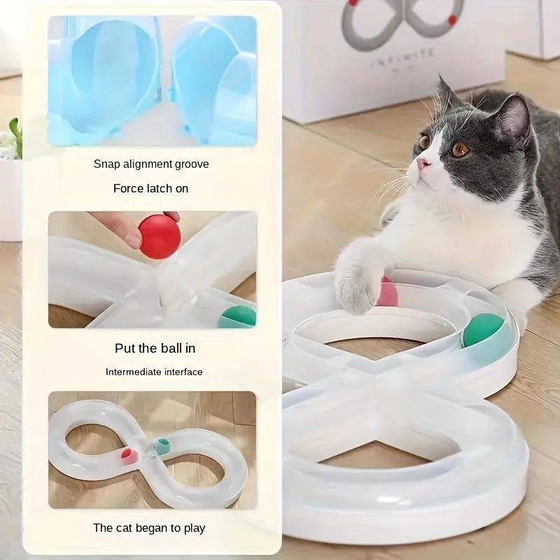 Blue and white plastic cat toy turntable track with a ball and a separate teasing stick.