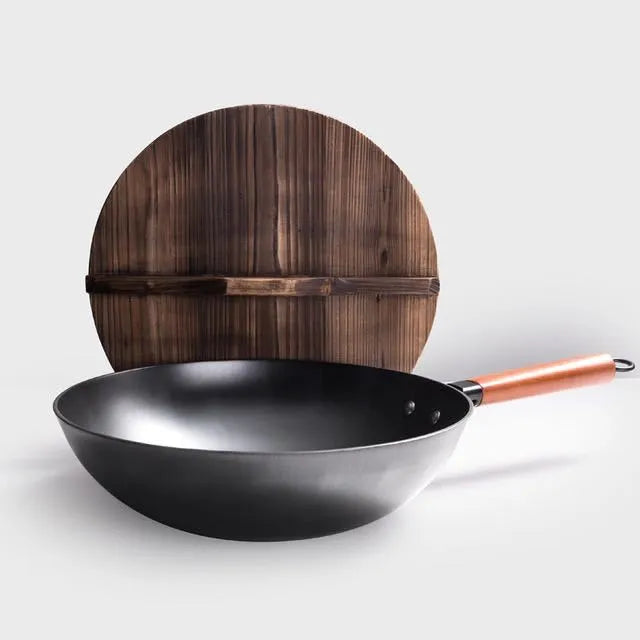 Traditional black iron wok with wooden handle, 40cm diameter