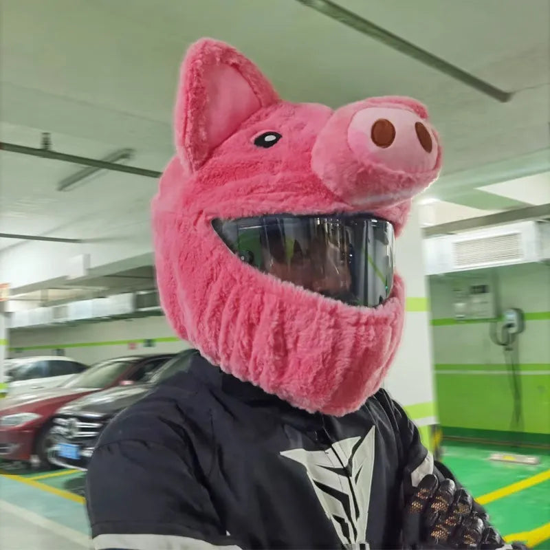 Pink pig cartoon design plush hood made from pv velvet cloth for motorcycle helmet protection.