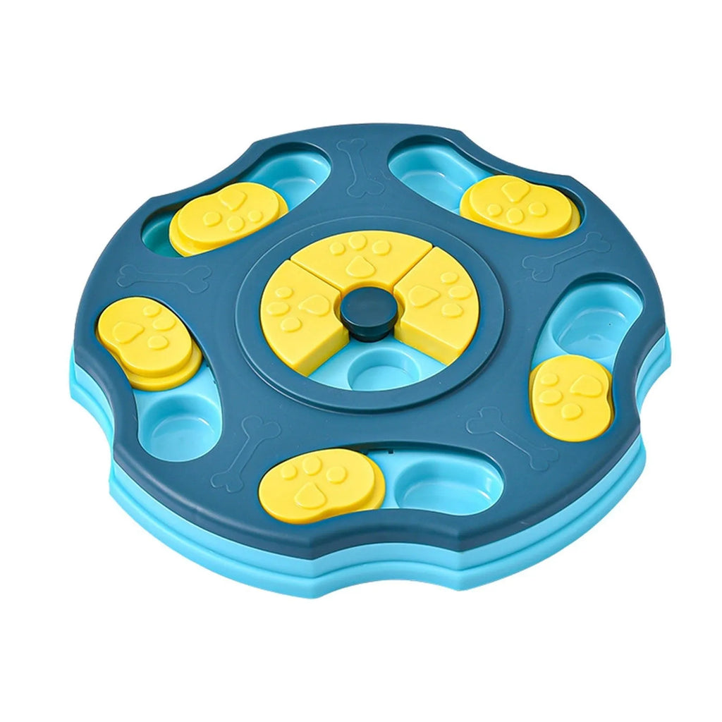 Blue and pink dog puzzle feeder bowl toy for interactive food searching and slow eating