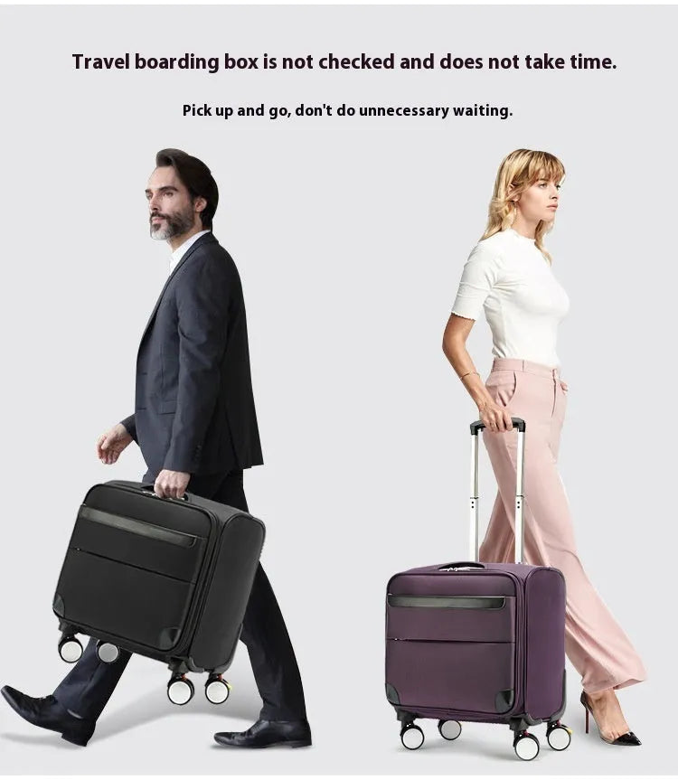 18 inch black Oxford cloth business travel suitcase with universal wheels and retractable handle