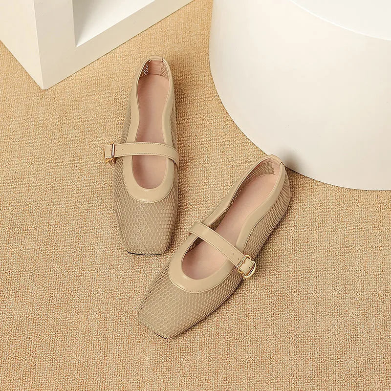 Women's beige mesh buckle pumps with a square toe and flat sole on a white background.