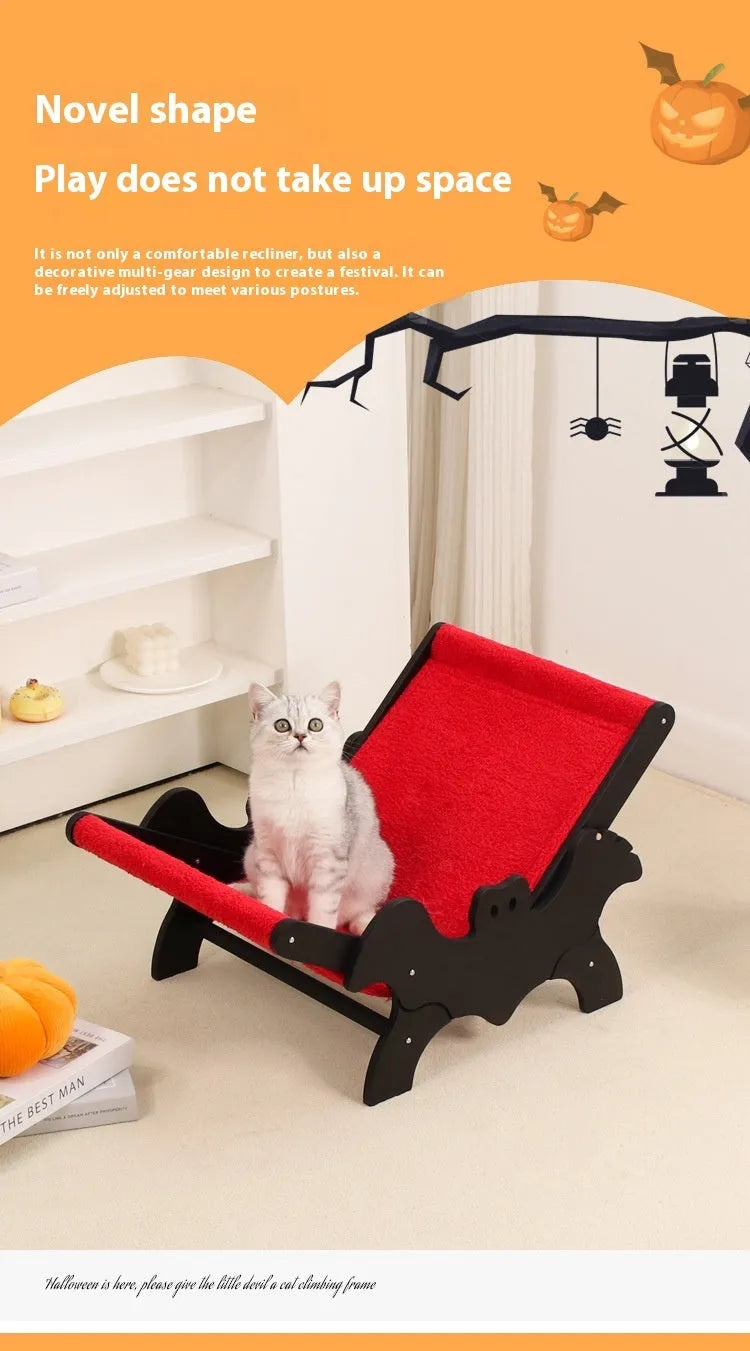 Black and red Halloween bat design wooden cat recliner bed, model MW-054, on a white background.