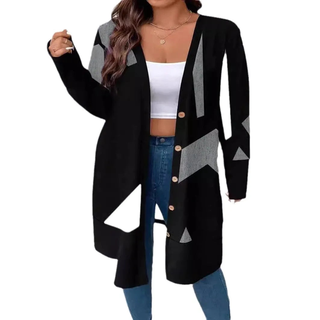 Black loose fit plus size knit cardigan with button detail on a hanger.
