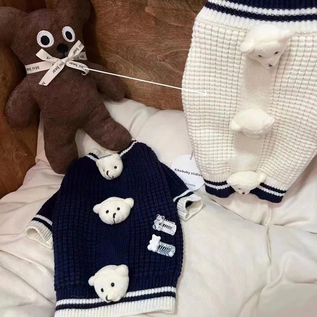 Pet cat spring sweater in navy blue polyester knit on a small cat, size M, side view