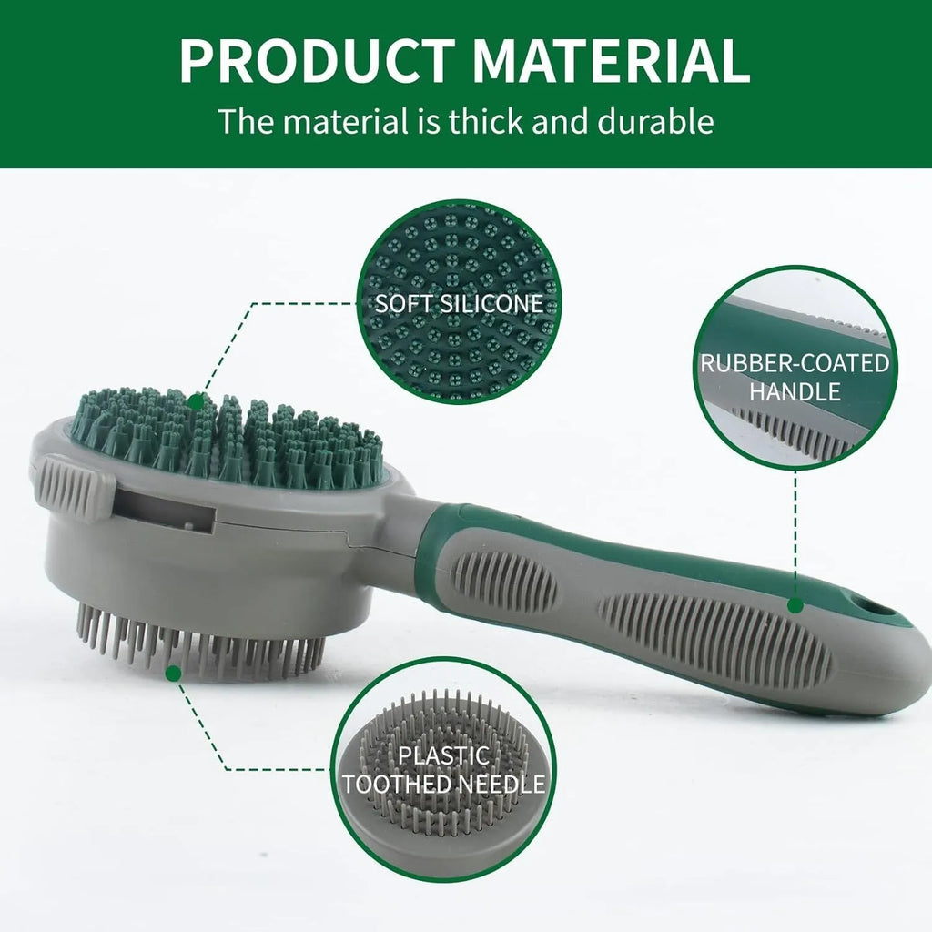 Green two-sided pet brush with slicker pins on one side and silicone massage teeth on other side
