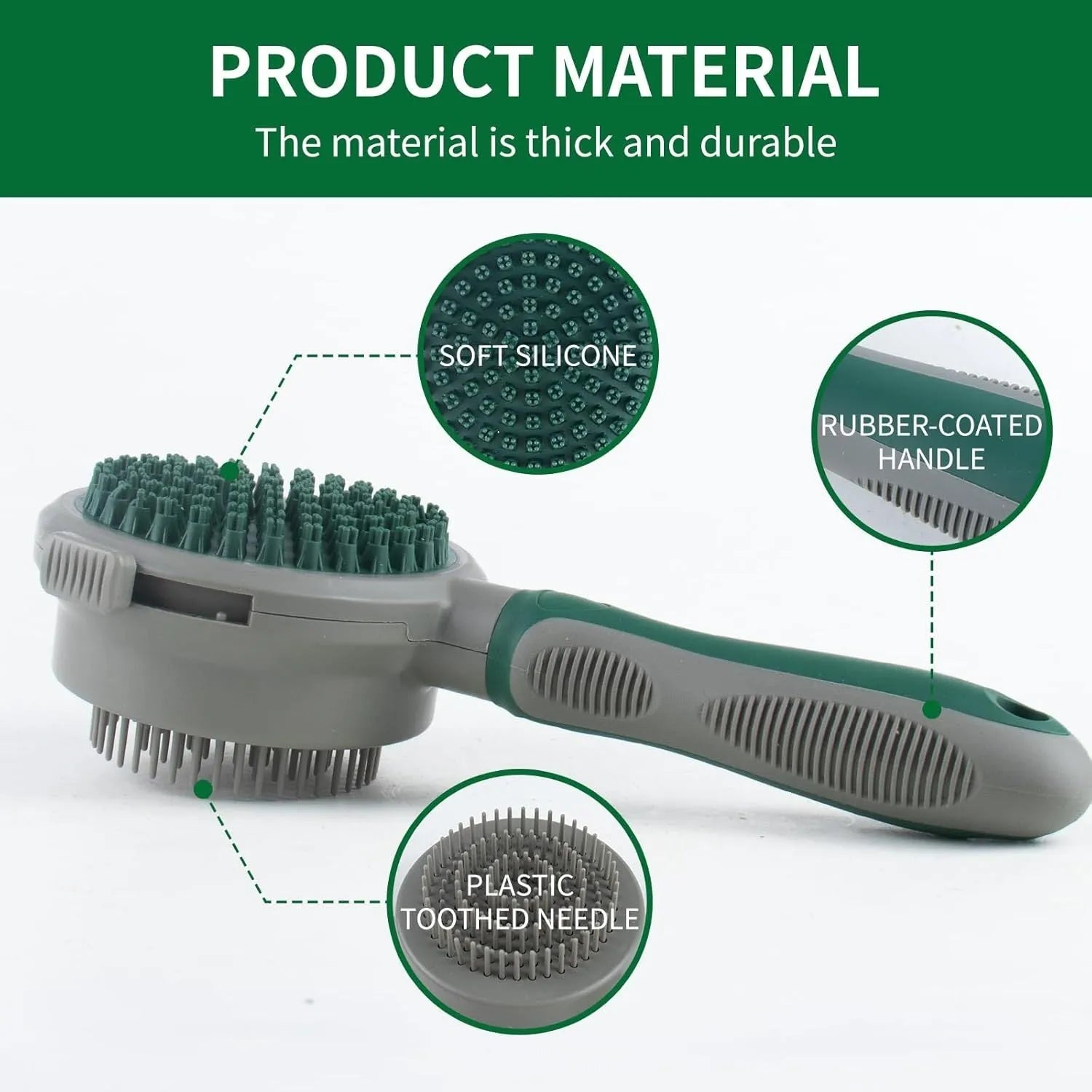 Green two-sided pet brush with slicker pins on one side and silicone massage teeth on other side