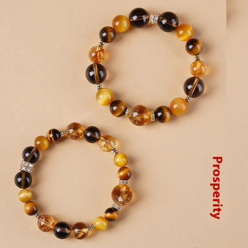 Geometric yellow crystal tiger-eye bracelet showing 10mm and 12mm size options