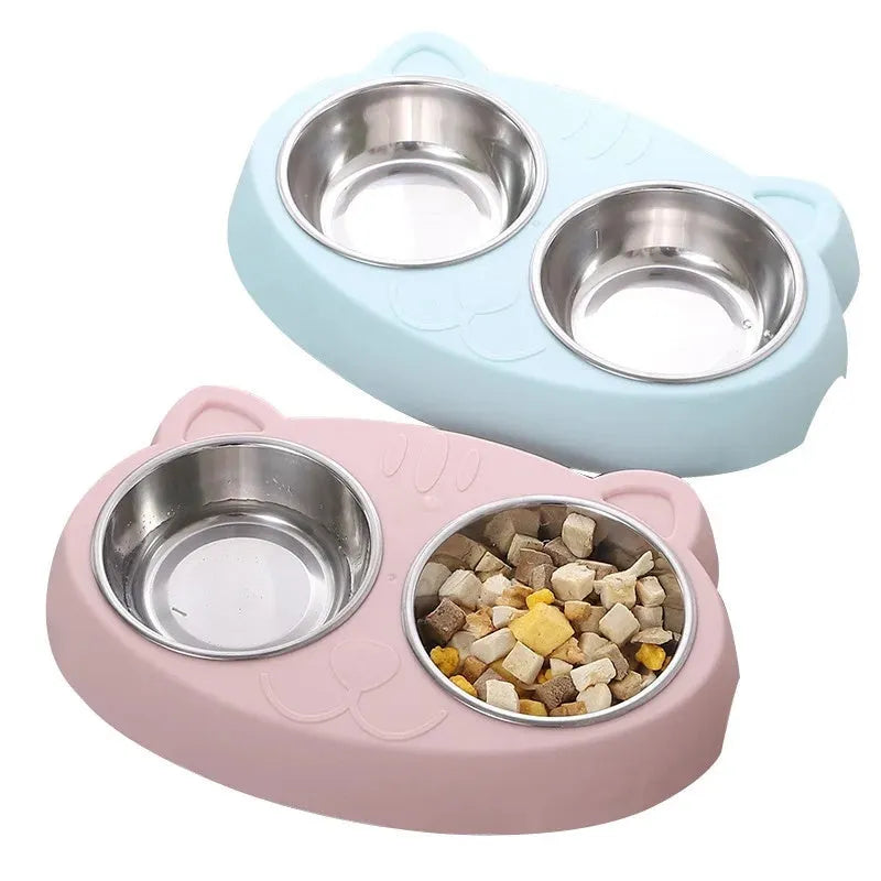 Blue plastic pet feeder tray with two raised bowls for cat or small dog food and water