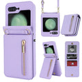 Purple zipper crossbody flip phone case for Samsung Galaxy Z Flip 3/4/5/6 with lanyard and bracket stand