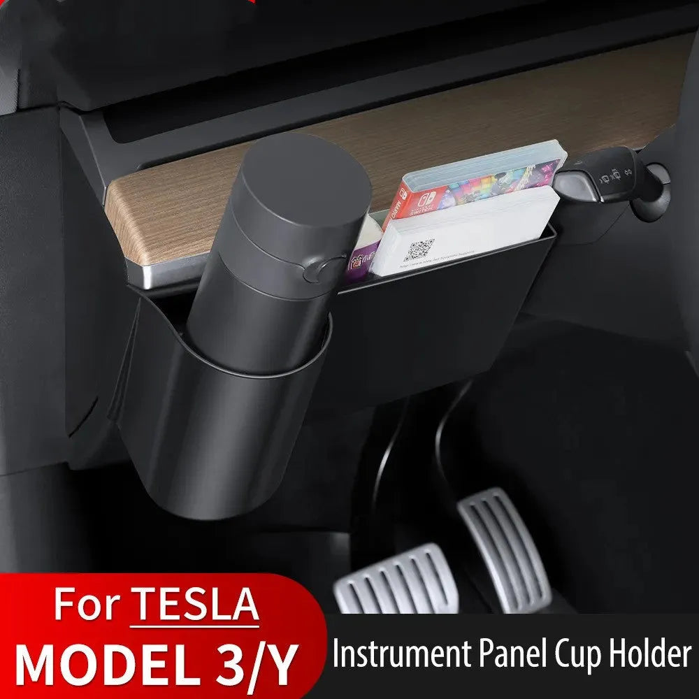 Plastic dashboard water cup holder for left-hand drive Tesla Model 3 and Model Y vehicles.