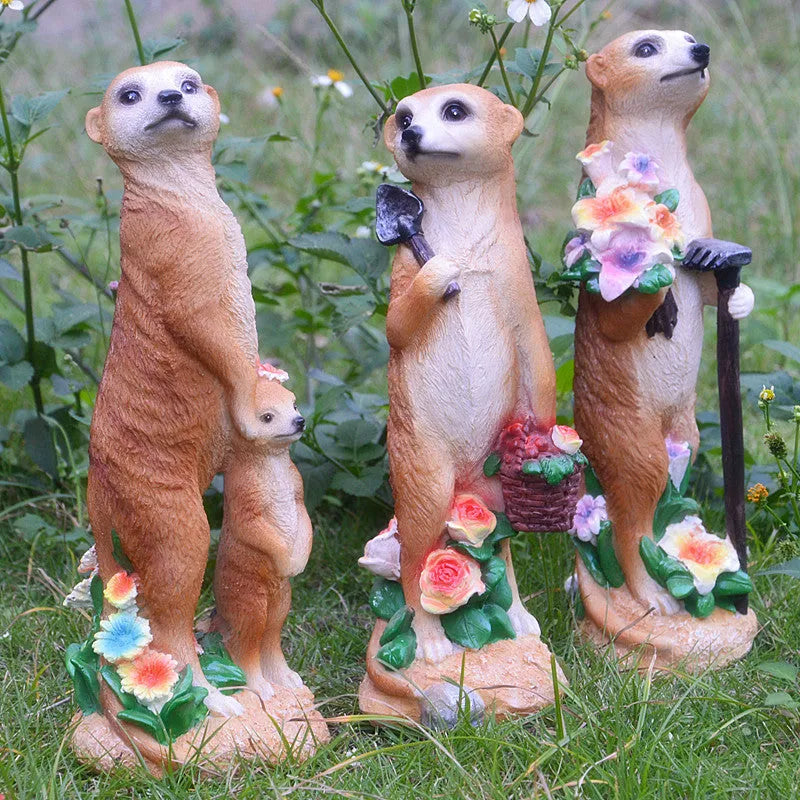 Plastic resin mongoose ornaments with straw hats for garden decoration in yellow brown colour