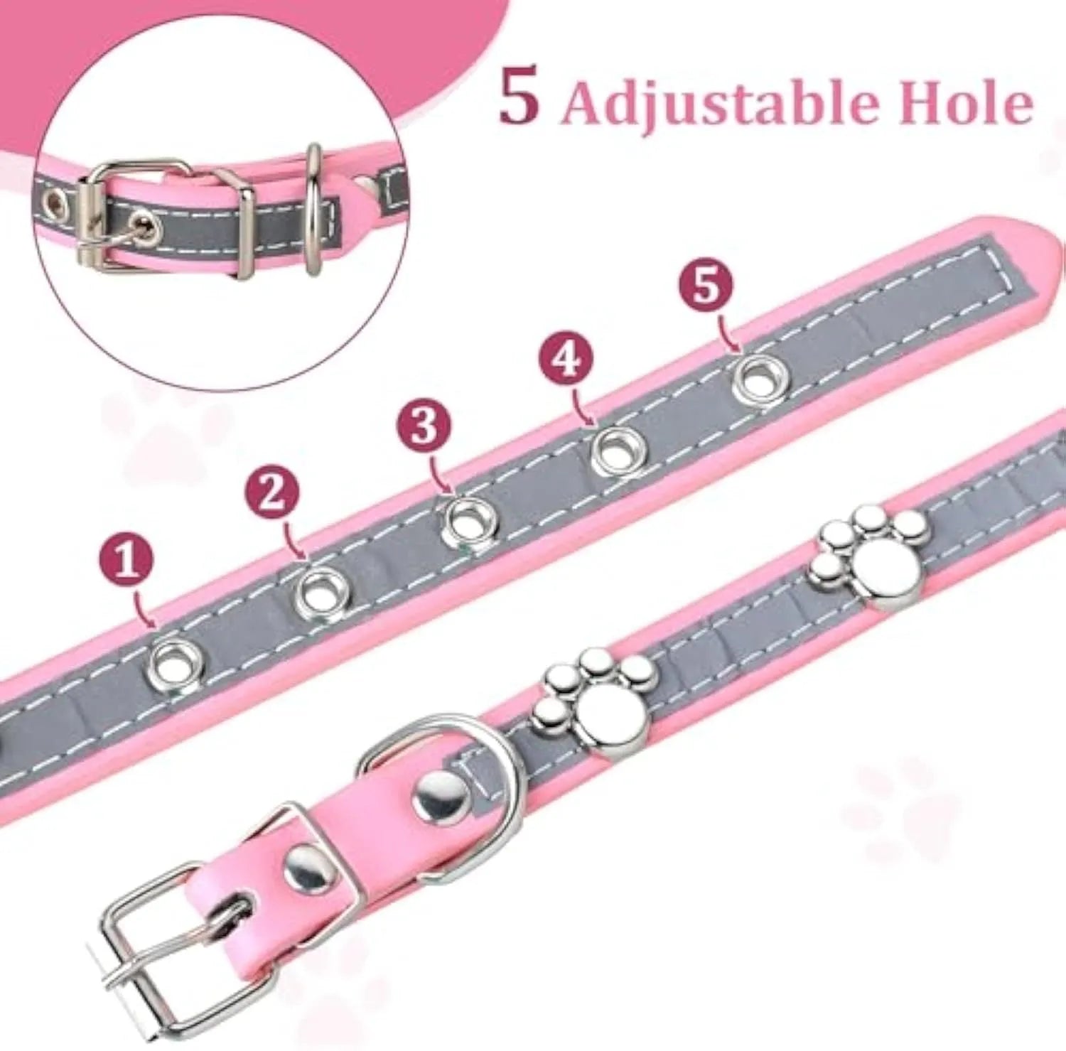 Reflective adjustable dog collar made of soft PU leather with metal buckle and paw-shaped rivet.